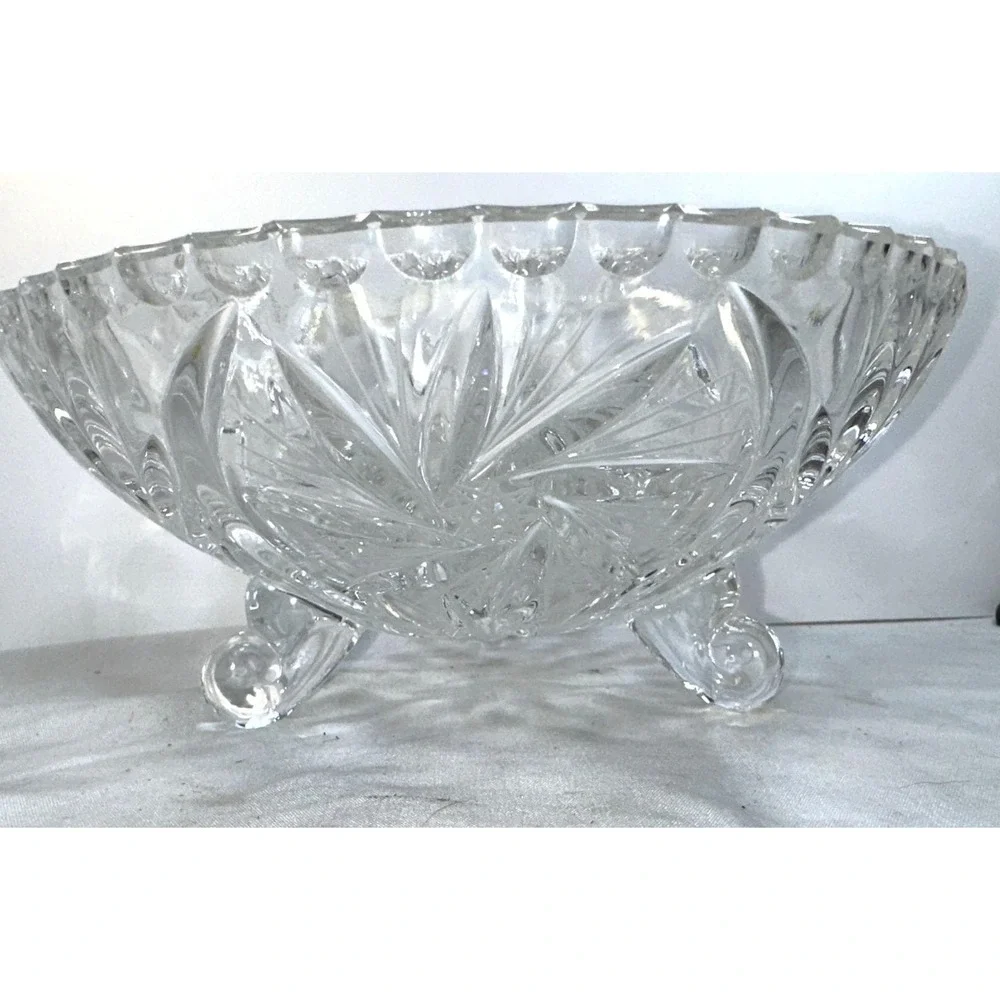 Cut Crystal Glass Round 3-Footed Bowl Hobstar Pinwheel Star Excellent Vintage